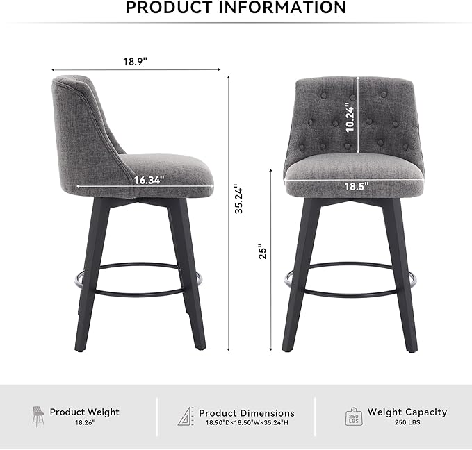 Modern Dining Chairs,Set of 2 - Sturdy and Stylish,Simple Natural Design,Counter Height Bar Stools with Line & Button Tufted Back,Solid Wood Frame Seat for Kitchen Island,Easy Asse,DarkGray-Linen-Foam