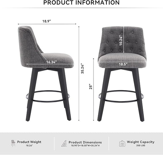 Modern Dining Chairs,Set of 2 - Sturdy and Stylish,Simple Natural Design,Counter Height Bar Stools with Line & Button Tufted Back,Solid Wood Frame Seat for Kitchen Island,Easy Asse,DarkGray-Linen-Foam