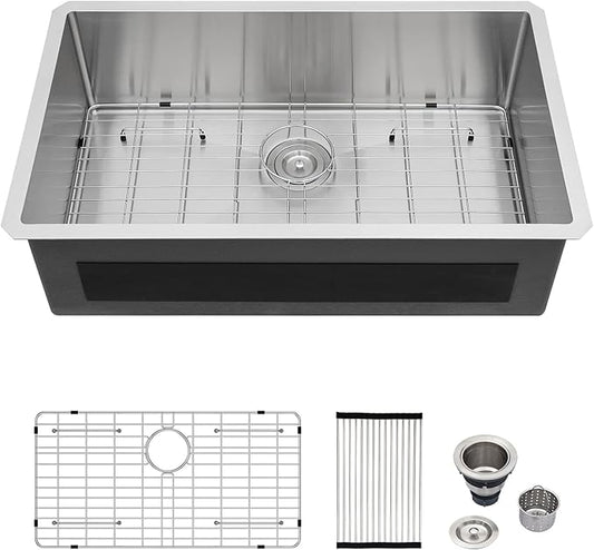 Logmey 33 Inch Undermount Kitchen Sink 33x19 Stainless Steel Sinks SUS304 16 Gauge Handmade Single Bowl Sinks With Round Corners 33x19x9