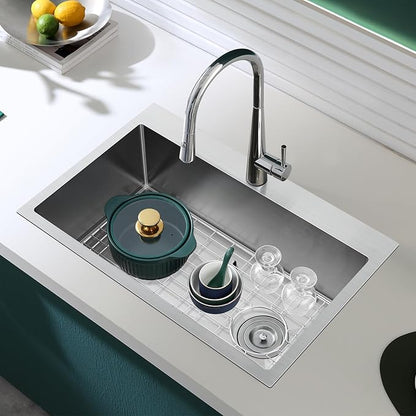 28x18x9 Inch Kitchen Sink Drop in, Handmade 304 Stainless Steel Single Bowl, Centre-Offset Drain, R10 Tight Corner, Topmount Kitchen Sink with Strainer & Bottom Grid