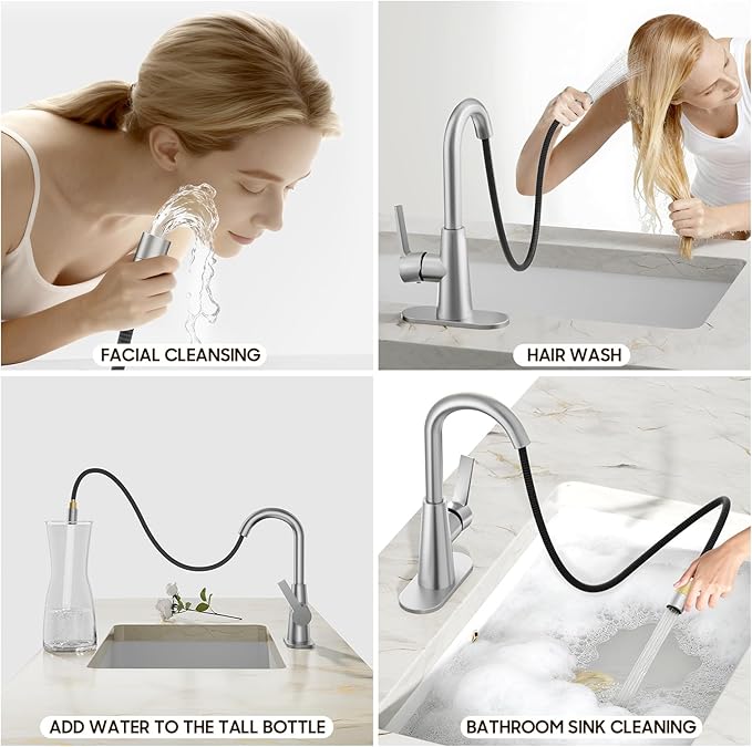 Phiestina Tall Bathroom Faucets with Pull Down Sprayer, Brushed Nickel High Arc Single Handle Pull Out Faucet, 1 or 3 Hole Utility Sink Laundry Bar Faucet Pull Out with Deck Plate WE10CL-ZY-BN