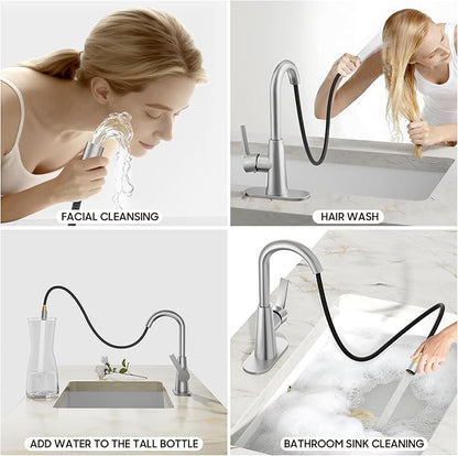 Phiestina Tall Bathroom Faucets with Pull Down Sprayer, Brushed Nickel High Arc Single Handle Pull Out Faucet, 1 or 3 Hole Utility Sink Laundry Bar Faucet Pull Out with Deck Plate WE10CL-ZY-BN