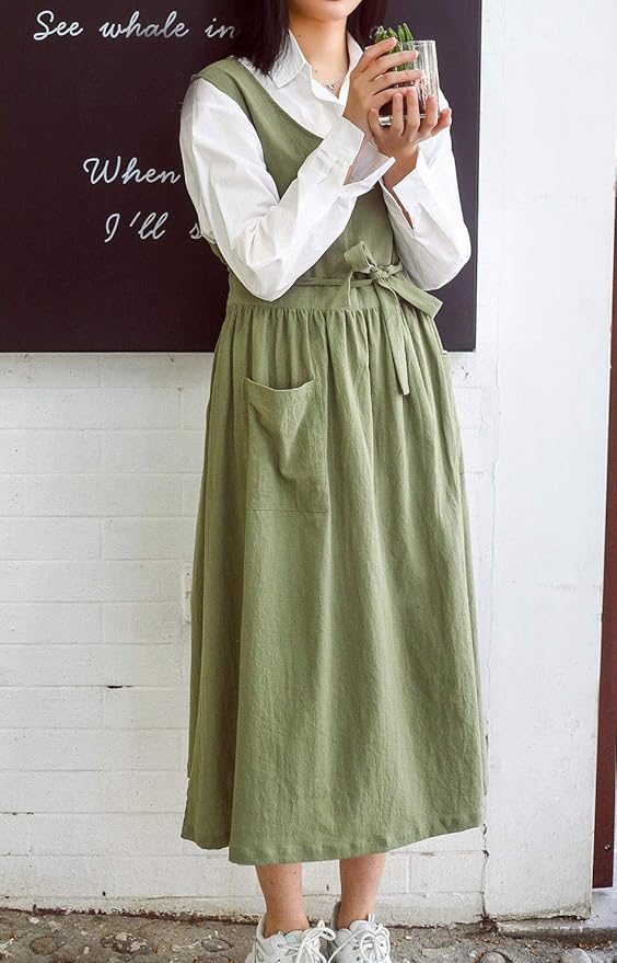 Women Plus Size Cotton Linen Vintage Pleated Split Apron Pinafore Dress with Two Pockets