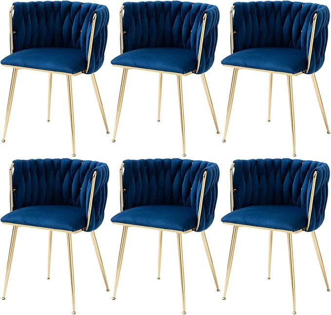 Nrizc Woven Dining Chairs Set of 6, Velvet Upholstered Dining Chairs with Gold Metal Legs, Modern Accent Chairs for Living Room, Dining Room, Kitchen (Blue)