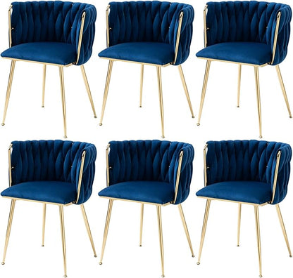 Nrizc Woven Dining Chairs Set of 6, Velvet Upholstered Dining Chairs with Gold Metal Legs, Modern Accent Chairs for Living Room, Dining Room, Kitchen (Blue)