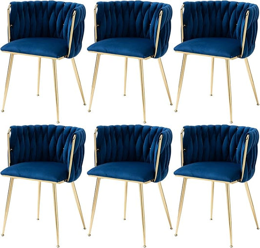 Nrizc Woven Dining Chairs Set of 6, Velvet Upholstered Dining Chairs with Gold Metal Legs, Modern Accent Chairs for Living Room, Dining Room, Kitchen (Blue)