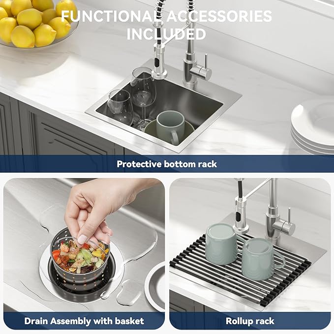 Lordear Stainless Steel Bar Sink 15x15 Inch Drop In Kitchen Sink 16 Gauge Stainless Steel Single Bowl Topmount Small Prep RV Sinks Square Basin
