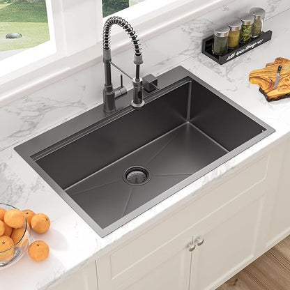Sarlai 33 Inch Black Drop In Kitchen Sink Workstation - 33x19 Drop In Kitchen Sink Black Stainless Steel Topmount Workstation Sink 16 Gauge Deep Single Bowl Top-mount Kitchen Sink