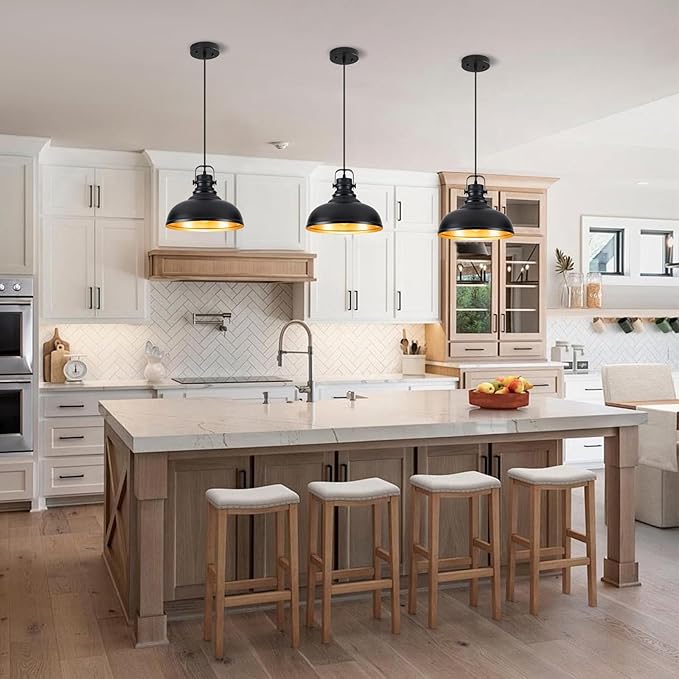Refice 3 Pack Farmhouse Pendant Lights Black Pendant Lighting for Kitchen Island Adjustable Height Dome Hanging Lights for Barn, Dining Room