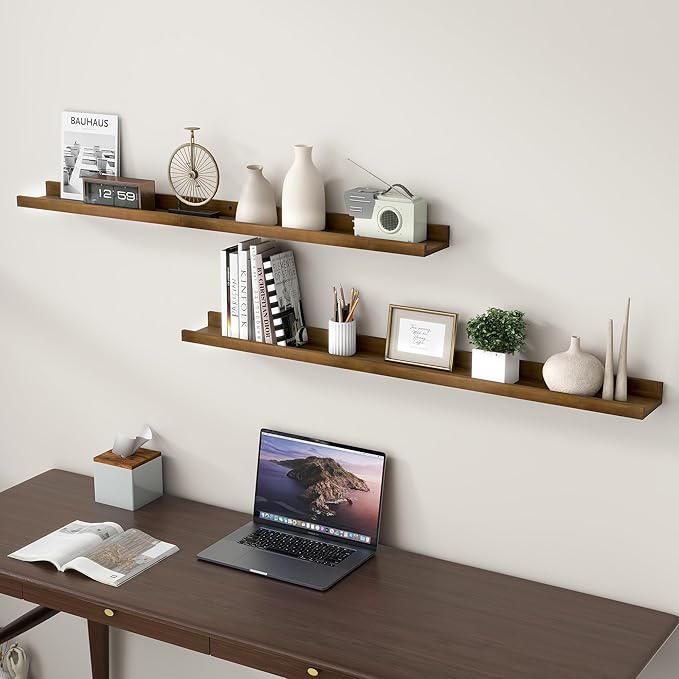 FLYJOE Picture Ledge Shelf, Floating Shelves Set of 2, Solid Ash Wood 48'' Long Large Nursery Book Shelves for Toys Storage, Kids Bookshelf for Living Room Bedroom Decor Books Photo Frames, Walnut