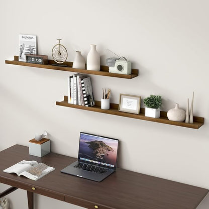 FLYJOE Picture Ledge Shelf, Floating Shelves Set of 2, Solid Ash Wood 48'' Long Large Nursery Book Shelves for Toys Storage, Kids Bookshelf for Living Room Bedroom Decor Books Photo Frames, Walnut