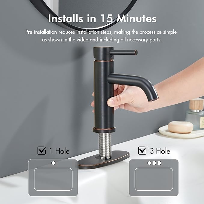 Oil Rubbed Bronze Bathroom Faucet, WINKEAR Single Hole Faucet with Pop-up Drain and Flexible Hoses, Single Handle Faucet for Bathroom Sink, Vanity, RV, Modern Farmhouse, Suitable for 1 Hole or 3 Hole