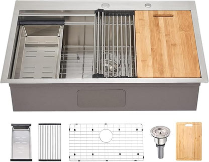 SHACO 33x22 Inch Drop In Kitchen Sink, 33 Inch All In One SUS304 Stainless Steel Top Mount Single Bowl Overmount Double Ledges Workstation Sink with Accessories, Brushed Nickel