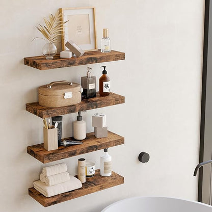 Fixwal Wood Floating Shelves, Wall Shelves Set of 4, Shelves for Wall Decor, with Invisible Brackets for Bathroom, Living Room,Bedroom and Kitchen(Rustic Brown) | Wall Shelves, for Bathroom, Living Room, Bedroom, Kitchen