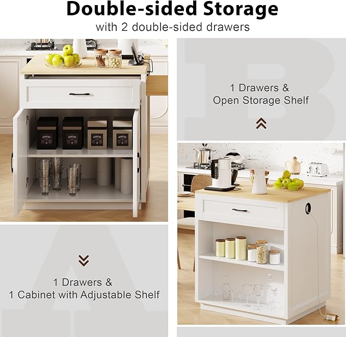 82.7" Kitchen Island with Extendable Dining Table for 4-6, Faux Marble Mobile Kitchen Cart with Power Outlet, Large Storage Island with 2 Storage Compartment, 2 Side Shelves & Spice Rack