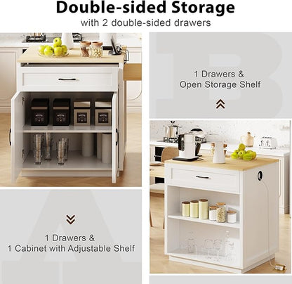 82.7" Kitchen Island with Extendable Dining Table for 4-6, Faux Marble Mobile Kitchen Cart with Power Outlet, Large Storage Island with 2 Storage Compartment, 2 Side Shelves & Spice Rack