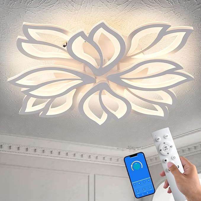 Modern LED Ceiling Light Fixture Dimmable, 28" White Modern Flower Ceiling Light with Remote Control, Low Profile Flush Mount for Bedroom, Kitchen, Living Room