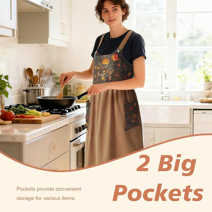 Cityelf Vintage Pinafore Apron Dress Snap Adjust Linen Cotton with Pockets Floral Aprons for Cooking Gardening