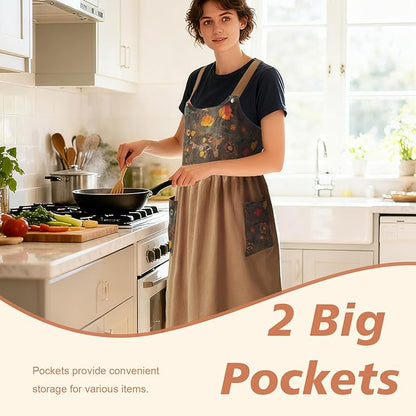 Cityelf Vintage Pinafore Apron Dress Snap Adjust Linen Cotton with Pockets Floral Aprons for Cooking Gardening