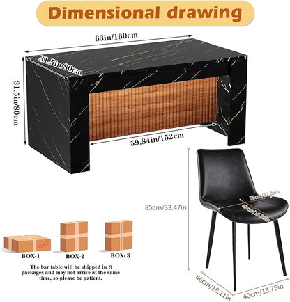 Large Faux Imitation Dining Table with Velvet Dining Chairs Set of 4, Marble Stripes Kitchen Island Table with Grille Design for 4-6, Luxury Island with LED Lights for Home Kitchen. (Black)