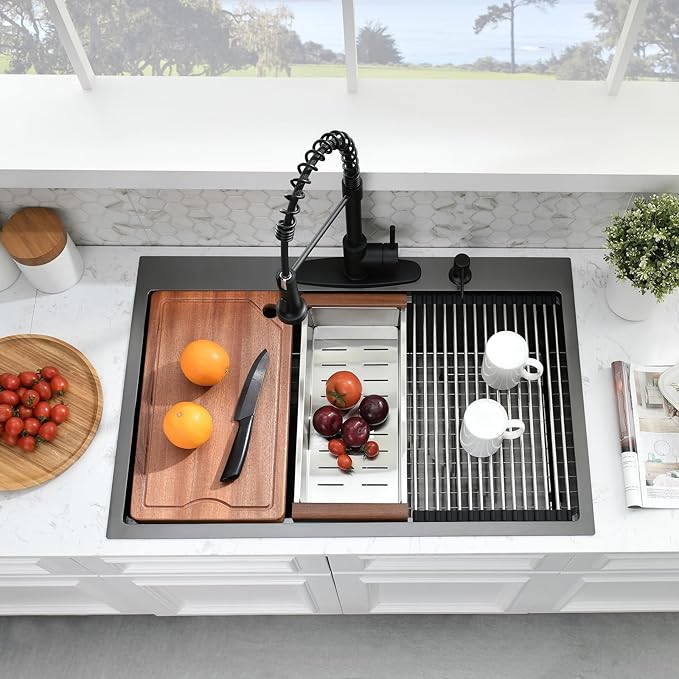 36×22 Black Drop In Kitchen Sink Workstation – 16 Gauge Black Stainless Steel Kitchen Sink, Large Top Mount Single Bowl Commercial Sinks with Accessories