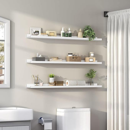 HOOBRO Floating Shelves, Wall Shelf Set of 3, 47.2 Inches Hanging Shelf with Raised Edge and Invisible Brackets, for Bathroom, Bedroom, Kitchen, Office, Living Room Decor, White WT92BJ01