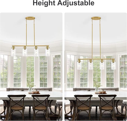 Kitchen Island Lighting, 4-Light Dining Room Light Fixtures Over Table,Gold Linear Chandelier for Dining Room Hanging,Pendant Lights Kitchen Island with Clear Glass Shade