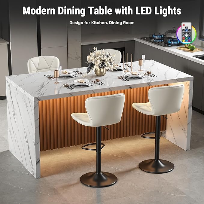67" Kitchen Island Table Set with 4 Bar Stools, Faux Marble Top Island Table, Counter Height Dining Table Set for Kitchen & Dining Room