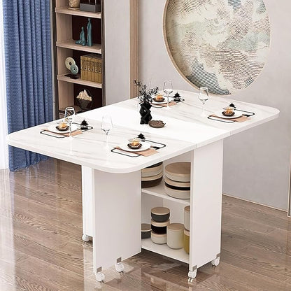 Wooden Folding Dining Table with Drop Leaf, Space-Saving Kitchen Island Table with Wheels, Hidden Storage(Gray White,47.2inch)