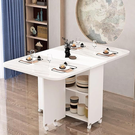 Wooden Folding Dining Table with Drop Leaf, Space-Saving Kitchen Island Table with Wheels, Hidden Storage(Beige,47.2inch)
