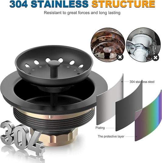 BOTEMY Stainless Steel Black Sink Drain Strainer Kit 3-1/2 inch Kitchen Drain Assembly with Metal Center Knob Basket Stopper Replacement for Standard Kitchen Sinks, Matte Black