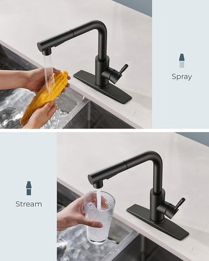 FORIOUS Black Kitchen Faucet with Pull Down Sprayer, Stainless Steel Single Handle Classic Pull Out Bar Sink Faucet for Farmhouse Laundry RV, with Deck Plate for 1 or 3 Holes