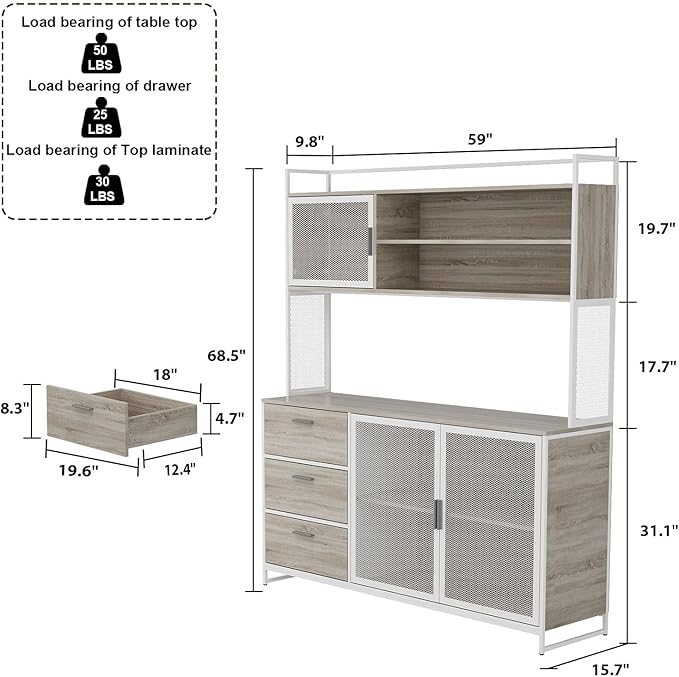 AGOTENI Large Kitchen Hutch Cabinet, Storage Cupboard Pantry with 3 Metal Doors, 3 Drawers & Microwave Shelf, for Kitchen Open Storage, Oak (59" W x 15.7" D x 68.5" H)