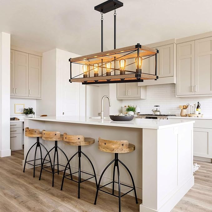 Farmhouse Kitchen Island Lighting, 5-Light Solid Wood 31.5” Dining Room Pendant Light Fixtures, Rustic Chandelier with Adjustable Height for Dining Room Kitchen Bar Pool Table (Natural Wood)