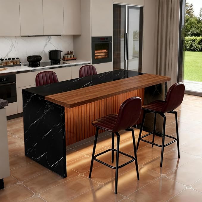63-Inch Modern Kitchen Island Set with 4 Dark Brown Stools Black Marble Look Led Lighting & Grill Design for Dining Room, Open Concept Spaces Modern Elegance