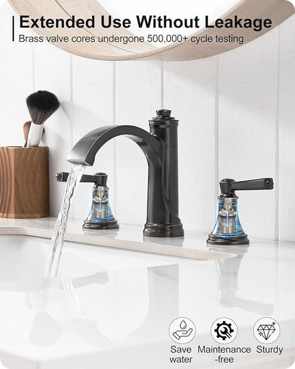 Waterfall Bathroom Faucet 3 Hole, 4-16 Inch Oil Rubbed Bronze Bathroom Faucet, Brass Bathroom Sink Faucet, 2 Handle Bathroom Faucets, Bathroom Vanity Faucet with Pop-Up Drain, Water Hoses