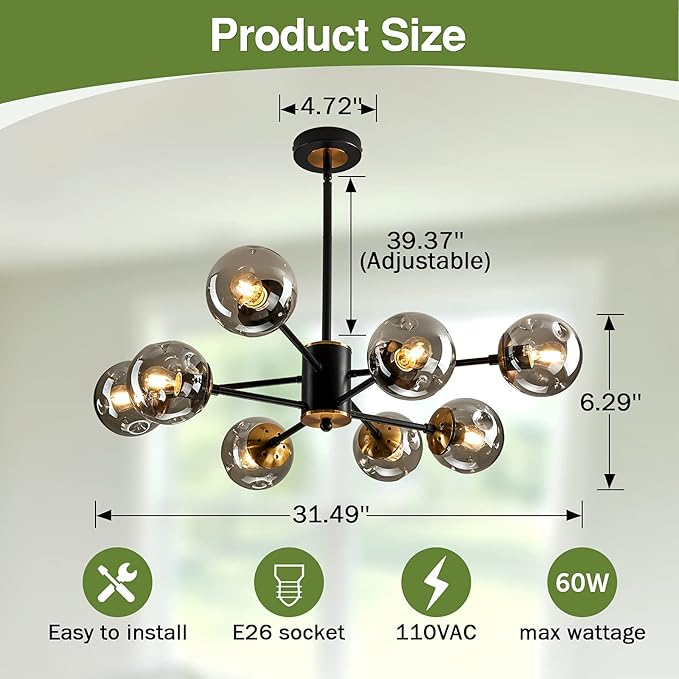 SZXYKEJI 8 Light Chandelier Pendant Lighting Black with Glass Globes Classic Vintage Sputnik Ceiling Light Fixture for Kitchen Living Room Dining Room Bedroom Farmhouse..