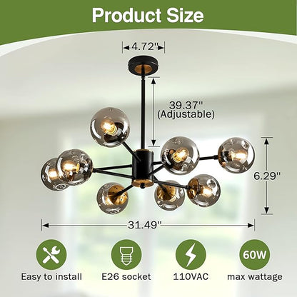 SZXYKEJI 8 Light Chandelier Pendant Lighting Black with Glass Globes Classic Vintage Sputnik Ceiling Light Fixture for Kitchen Living Room Dining Room Bedroom Farmhouse..