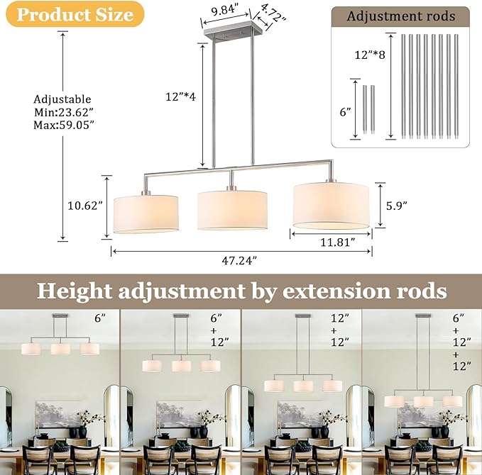47" Linear Kitchen Island Lighting 3-Light Brushed Nickel Chandelier with White Fabric Drum Shade Adjustable Hanging Pendant Light for Dining Room Light Fixtures Over Table,Kitchen,Bar,Living Room,E26