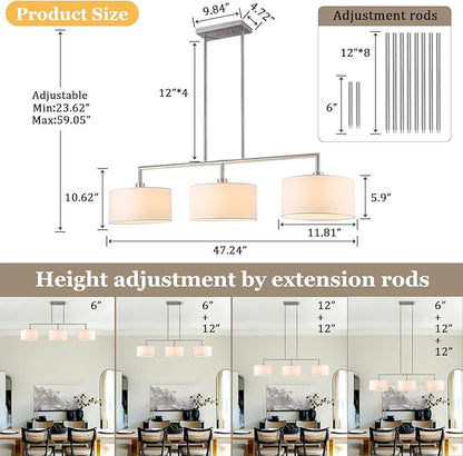 47" Linear Kitchen Island Lighting 3-Light Brushed Nickel Chandelier with White Fabric Drum Shade Adjustable Hanging Pendant Light for Dining Room Light Fixtures Over Table,Kitchen,Bar,Living Room,E26