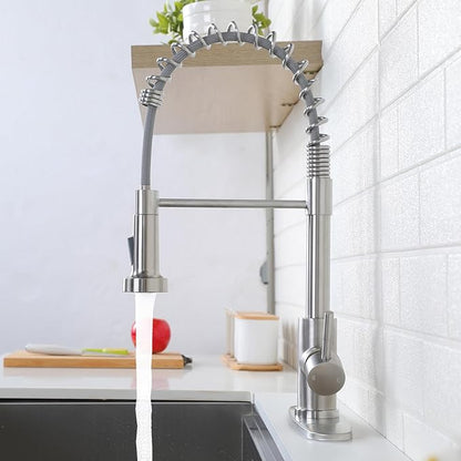 Friho Brushed Nickel Kitchen Faucets with Pull Down Sprayer, Stainless Steel Single Handle Kitchen Faucet, 1 Hole Or 3 Hole Dual Function Spring Pull Out Sink Faucets for Farmhouse RV Camper Laundry