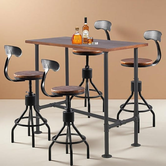 Industrial Pipe Design Bar Table 41.3inch Height and Set of 4 Rustic Bar Stools with Backrest 23-33" Height Adjustable Vintage Pub Bistro Table Set for Kitchen Dining Cafe House Office Meeting