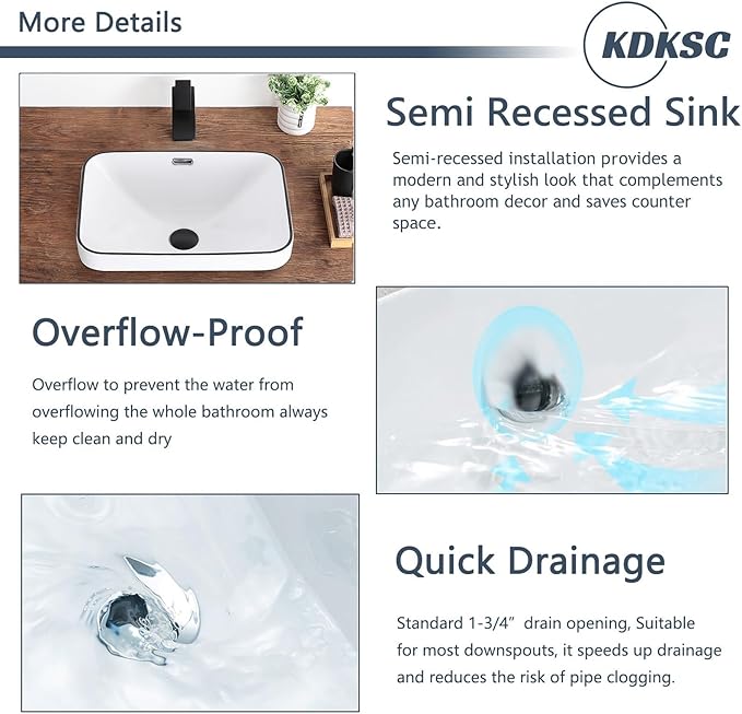 Bathroom Vessel Sink 18.2'' x 13.3'' Small Semi Recessed Bathroom Sink Rectangular Drop In Sink with Overflow White with Black Trim Ceramic Modern Vessel Sinks for Bathroom