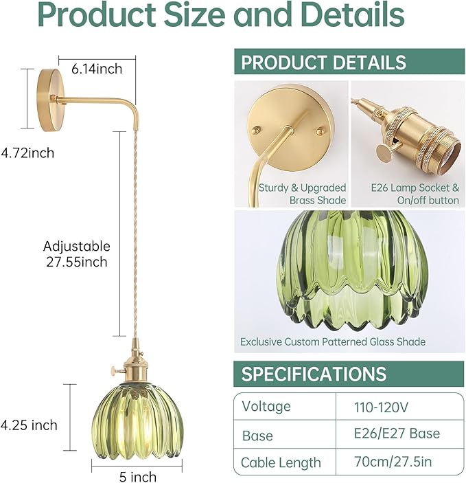 Shenmoyl Vintage Wall Sconce Wall Lamp Green Tulip Shade Pattern Glass Adjustable Chain Retro Gold Wall Mounted Light, Wall Lamp Fixtures Decor for Bedside Bedroom Indoor Doorway
