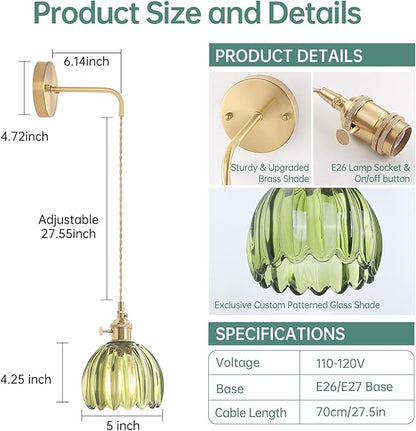 Shenmoyl Vintage Wall Sconce Wall Lamp Green Tulip Shade Pattern Glass Adjustable Chain Retro Gold Wall Mounted Light, Wall Lamp Fixtures Decor for Bedside Bedroom Indoor Doorway