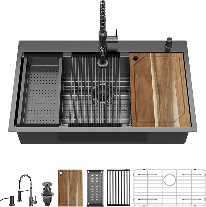 36 Inch Drop In Kitchen Sink with Faucet Combo - 36x22 Workstation All-In One Drop In Gunmetal Black NANO-PVD 16 Gauge Stainless Steel Kitchen Sink Topmount Single Bowl Large Sinks #TLT-0025