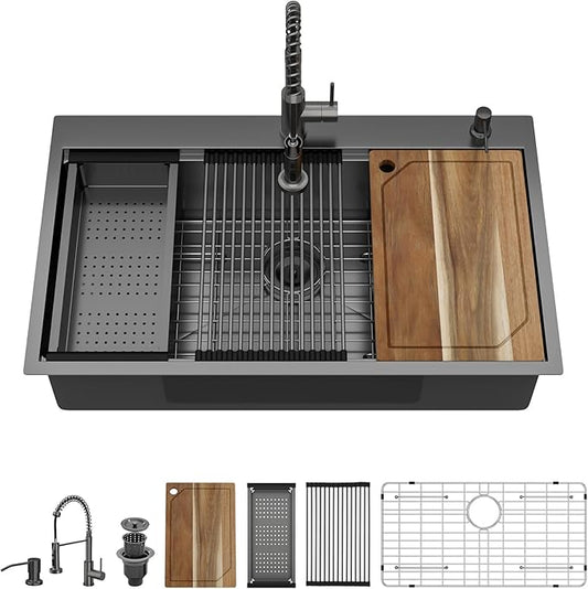 36 Inch Drop In Kitchen Sink with Faucet Combo - 36x22 Workstation All-In One Drop In Gunmetal Black NANO-PVD 16 Gauge Stainless Steel Kitchen Sink Topmount Single Bowl Large Sinks #TLT-0025