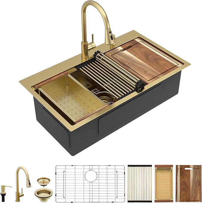 33"x19" Drop In Workstation Kitchen Sink – Brushed Gold NANO-PVD, 16 Gauge T304 Stainless Steel, Single Bowl Luxury Top Mount Sink with Faucet Combo & Soap Dispenser
