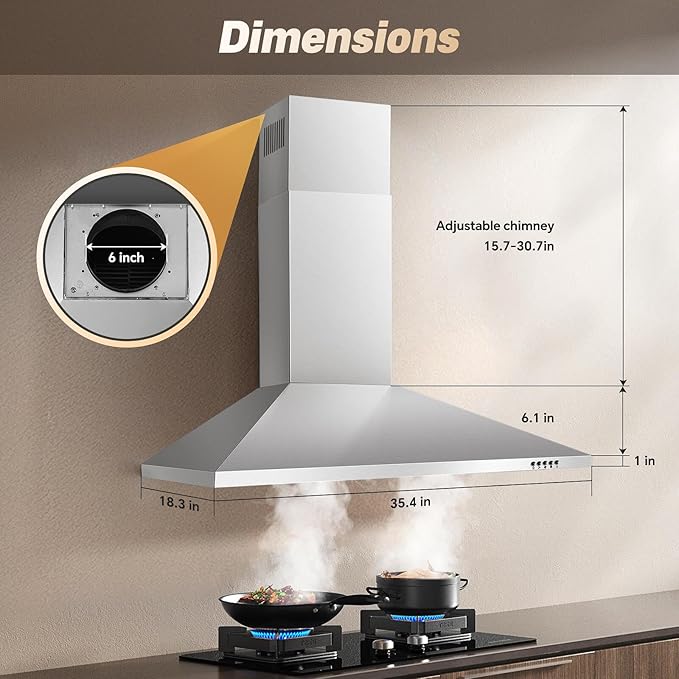 SNDOAS 36 Inch Range Hood, 450CFM Wall Mount Stainless Steel Kitchen Vent Hood - 3-Speed Exhaust Fan, Ducted/Ductless Convertible, Chimney-Style Stove Hood, LED Light & Push Button Control