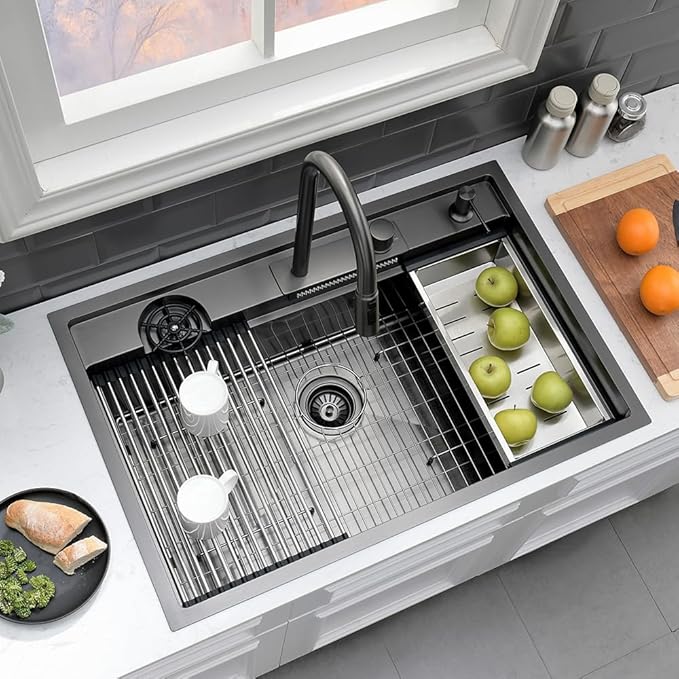 33 Black Drop In Waterfall Kitchen Sink Workstation-VASOYO 33x22 Black Stainless Steel Waterfall Kitchen Sink with Facuet and Cup Washer 16 Gauge Multifunctional Deep Single Bowl Topmount Smart Sinks